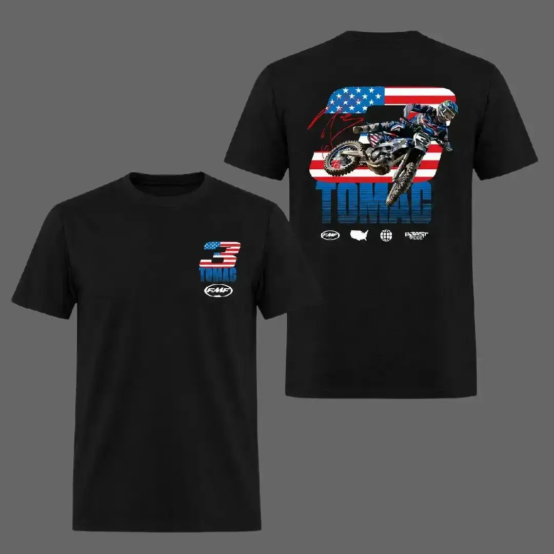 Men's FMF Racing Tomac #3 Motocross T-Shirt - Double-Sided Dirt Bike Graphic, USA Flag Design, Menswear Top for Motocross Fans, Short-Sleeve Racing Apparel