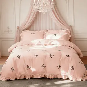 3Pcs French Pastoral Style Pink Bedding Set With Embroidered Edge & Bow Print, Includes 1 Duvet Cover(No Filler) And 2 Pillowcases(No Filler), Soft Fabric, Easy Detachable Zipper, Princess Style Bedroom Decor, Perfect Gift Choice