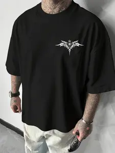 Dark Gothic Wings T-Shirt, Avant-Garde Street Style Cross Print Short Sleeve, Loose-Fitting Casual Long T-Shirt, No Collar, No Button, No Zipper