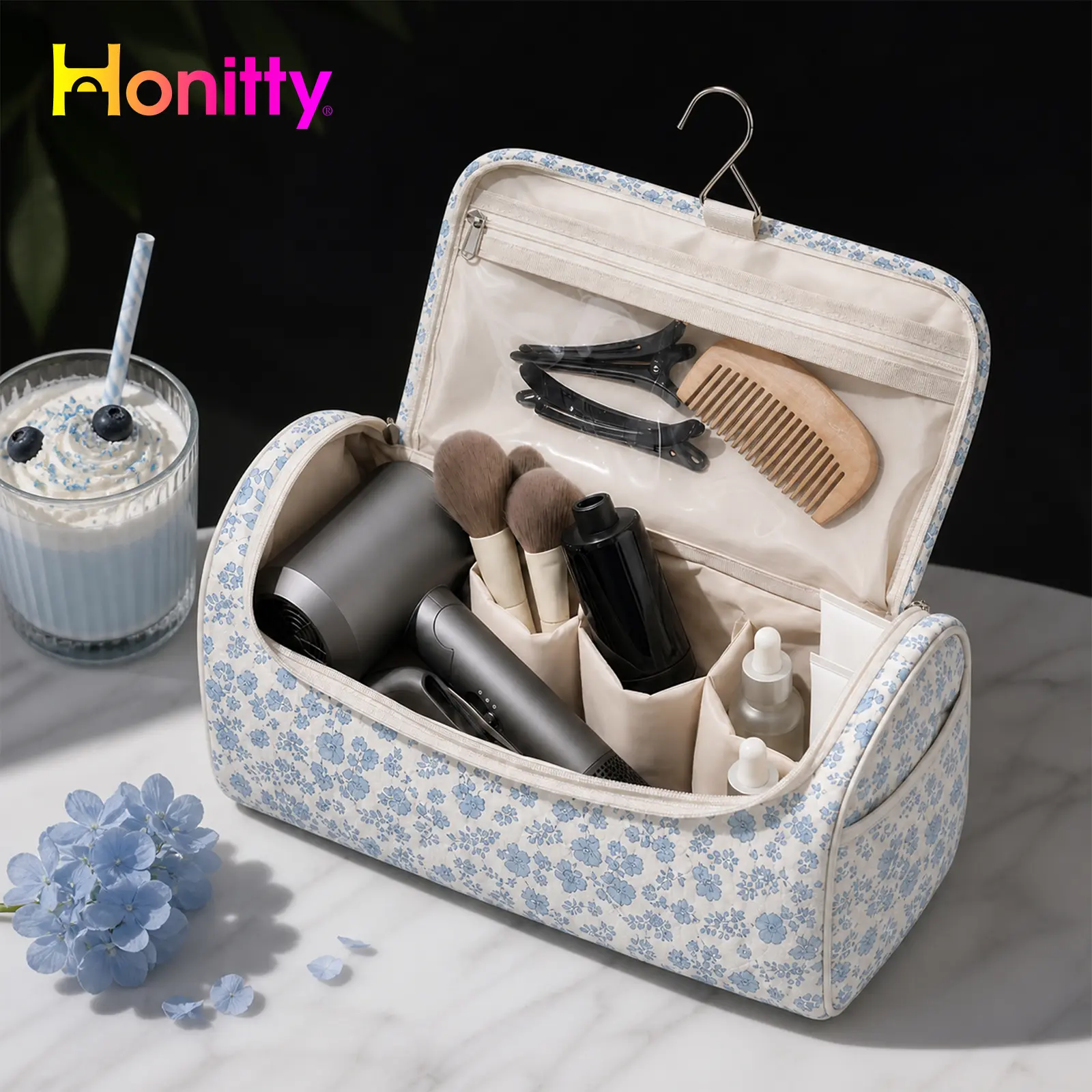 HONITTY Quilted Hair Tools Travel Organizer with Quilted Padding Cushions Tool Impacts - Cute Compact Travel Gear Toiletry Bag, Hanging Hook, Multi-Compartment Storage for Dyson Airwrap Styler & Hair Curler Accessories, Travel Accessories, Floral Toiletry