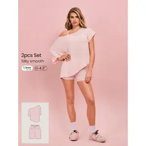 GLOWMODE Tencel Modal 4.3'' Gotta Glow Asymettric Relaxed Quarter-Sleeve Off-Shoulder Tee & 4.3" FeatherFit Buttery-Soft Sweat-Wicking High-Rise Crossover W aist Biker Shorts Low Impact Gym Studio Workout Cycling Running Daily Casual Wear