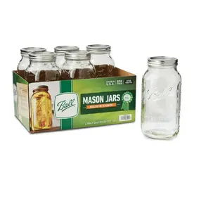 Ball Glass Mason Jar W/Lid & Band, Wide Mouth, 64 Ounces, 6 Count Airtight Containers