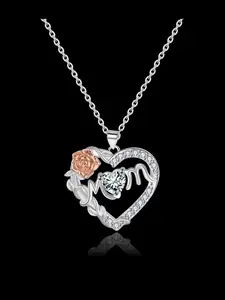 Elegant Heart-Shaped Rose Pendant Necklace, Zircon Inlay Love Heart Necklace, Copper Chain, Perfect Gift for Her, Mother's Day, Birthday, Valentine's Day