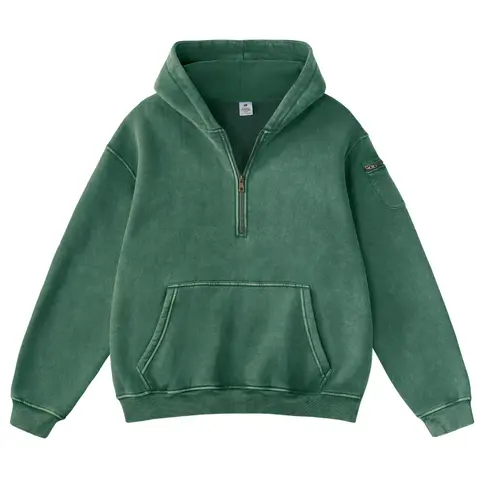 FAIABLE Unisex Oversized Hoodie for Women Men Vintage Acid Washed Heavyweight Fleece Half Zip Pullover with Kangaroo Pocket & Earbud Sleeve Pocket Casual Aesthetic Streetwear Style Essential Hoodies Comfort Hoodies Zip Hoodie