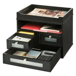 VICTOR Tidy Tower Card Desk Organizer – Solid Wood Vertical Office Stationery Storage with Letter Tray, Shelf, and Drawers