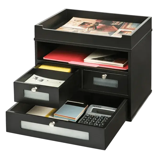 VICTOR® Tidy Tower Desk Organizer - Solid Wood Vertical Space Saving Storage with Faux Leather Accents, Letter Tray, Shelf, Drawers, 11.6 lb, 12.8"w x 10.6"d x 10.9"h Office Accessory