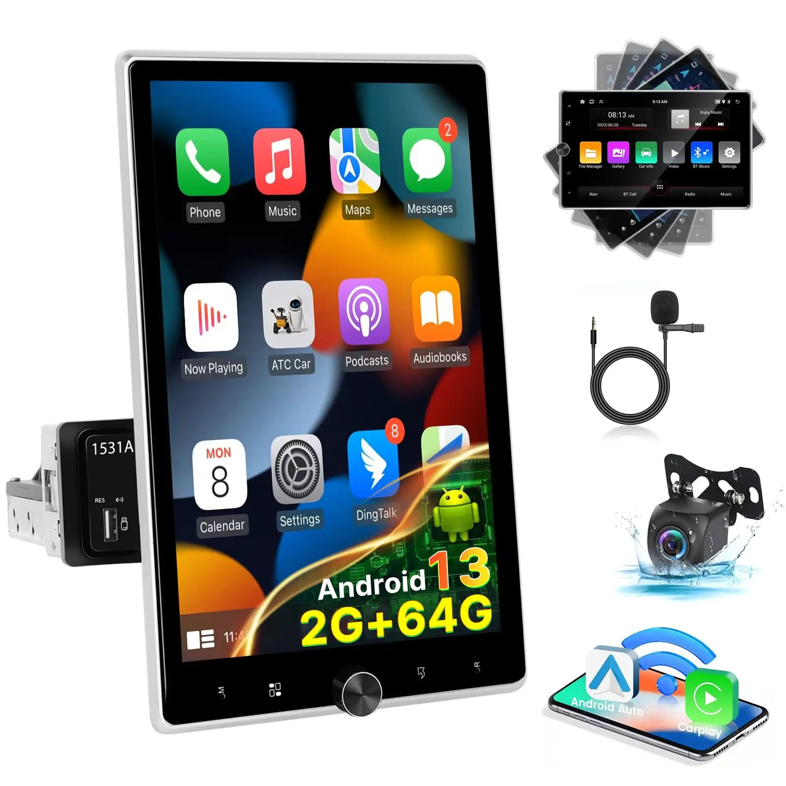 [2+64G] Single Din Android Car Stereo with 10.4'' Rotating Car Display Screen, Wireless CarPlay, Android Auto, EQ, WiFi, GPS, FM RDS, Mirror Link, Backup Camera, Built-in MIC