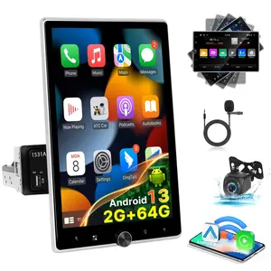 [2+64G] Android Single Din Car Stereo 10.4'' Rotating Screen Radio Wireless Carplay Android Auto, EQ, WiFi, GPS, FM RDS, Mirror Link Backup Camera MIC
