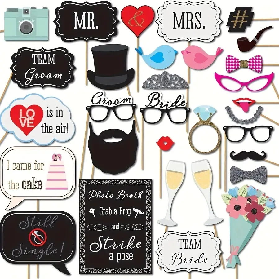 31 Piece Wedding Party Decoration Supplies Photo Booth Props Set Accessories Party Event Props for Bachelorette and Bridal Showers, Colorful Selfie Signs for Weddings, Graduations, Birthdays and Celebrations