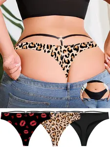 Plus Size Women's Leopard Print Seamless Sexy Thongs, Soft Comfy Panties, Solid Color Fashion G-Strings, Comfort & Stylish Design, Ideal for Everyday Wear Underwear