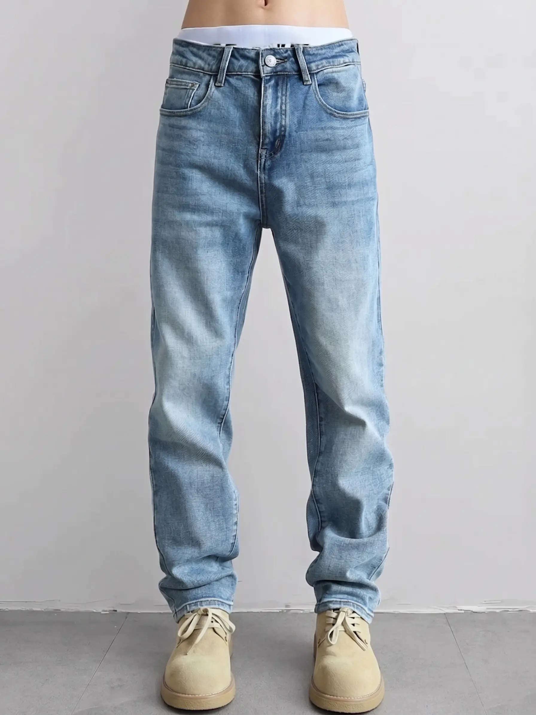 Men's Streetwear Menswear Stacked Jeans - Minimalist Slim-Straight Fit, Vintage Light Wash Heavyweight Denim, Extra Long Inseam for Chunky Sneakers, Oversized Graphic Vibe Stone Wash