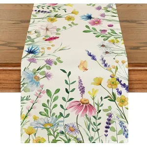 Daisy Eucalyptus Lavender Floral Leaves Summer Table Runner, Spring Kitchen Dining Table Decoration for  Party Decor 13x72 Inch