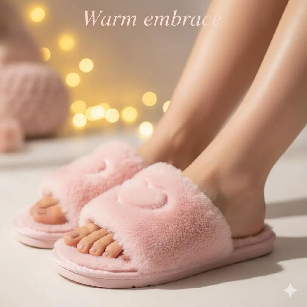 Women's Heart Embroidered Fuzzy Flat Slipper, Soft Plush Lining Bedroom Slippers, Wide Band Cute Warm Slippers for Fall Winter Khaki Footwear for Women Gift, Trending Shoes Nonslip Indoor Fur Slides