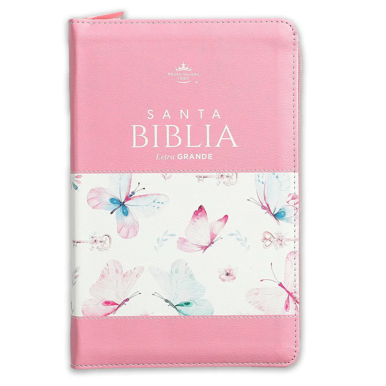 Bible in Spanish for Woman with Zipper 12 Point Large Font Reina Valera 1960 Imitation Leather Roses and Butterfly with Index