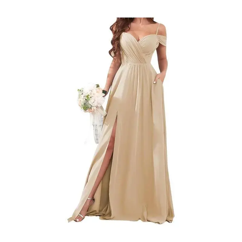 Women's Off Shoulder Pleated Fit Bridesmaid Dresses Long Slit Chiffon Ruched Evening Formal Dress with Pockets Customized Straps