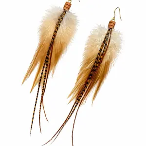 Women's The Amanda 8-in Brown Grizzly Feather Dangle Earrings, Non Tarnish Wood & Gold Costume Jewelry