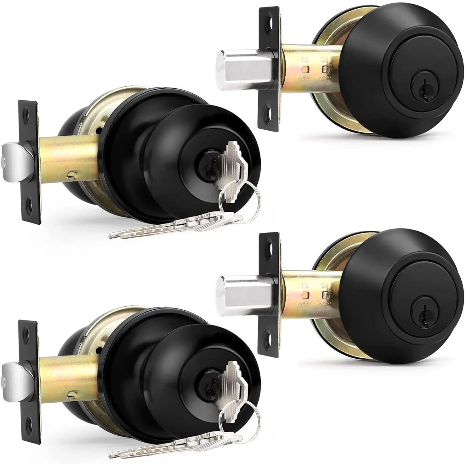 Black Keyed Alike Entry Knobs Front Door Locks Exterior Lockset and Single Cylinder Deadbolt Combination Set, 2 Pack