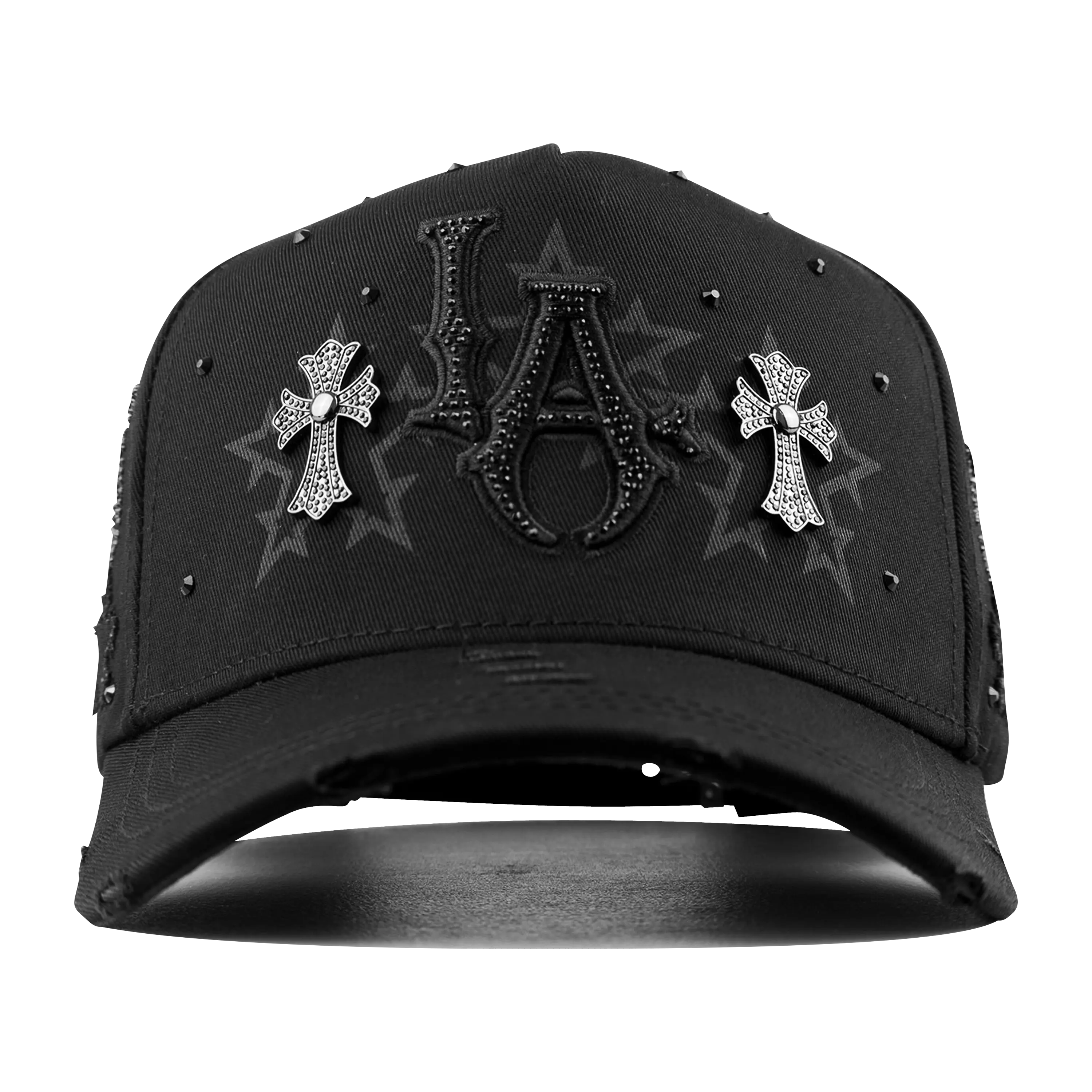 Premium Fitted Black Embroidered Snapback Hat - LA Dark Saints Bold Black Print Flat Bill Streetwear Accessory, Limited Edition Faith-Based Edgy Casual Headwear, Fitted Black Hat