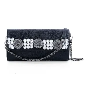 Black Crocodile Embossed Faux Leather Crystal Flower Crossbody Bag