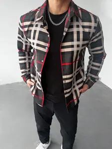 Men's Casual Fashion Plaid Texture Long Sleeve Shirt, Button Front Collar Design, Comfortable Breathable Fabric, Perfect for Office Commute