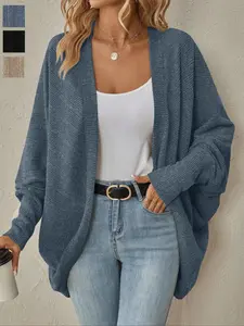 Women's Casual Long Sleeve Batwing Ribbed Knit Cardigan, Plain Textured Fabric, Fashionable Outerwear for Daily Wear & Commuting