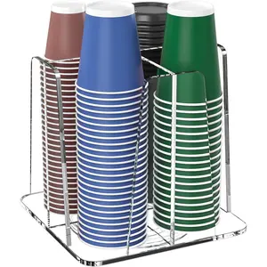 Coffee Cup Organizer for Countertop - Rotating Plastic Cup Holder 4 Compartments Clear Acrylic Cup and Lid Holder for Coffee Bar Restaurant Breakroom Disposable Paper Coffee Cup Dispenser