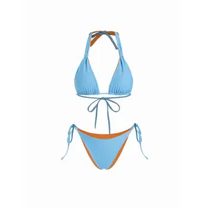 Cider Colorblock Reversible Halter Neck Ruched Tie Side Triangle Bikini Set