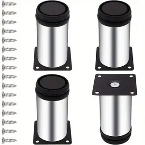 4pcs Adjustable Round Furniture Legs, 4 Inch Stainless Steel Cabinet Feet, Metal With Black Plastic Coating, 50x100mm, For DIY Furniture Projects, Includes 16 Screws