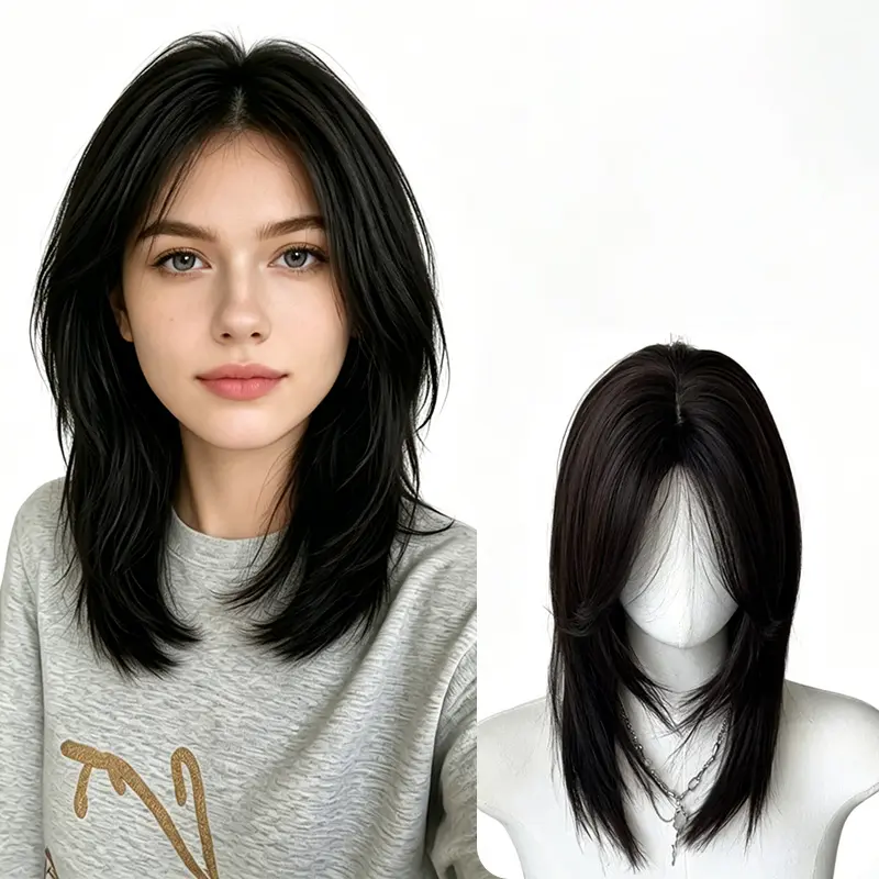 Lotfon Women's Glueless Ready-to-Wear Synthetic Full Machine Wig - Black Medium-Long Natural Straight Sleek Hair, No Bangs, Adjustable Head Circumference, 8 oz, Lightweight, Breathable, Easy to Wear & Style