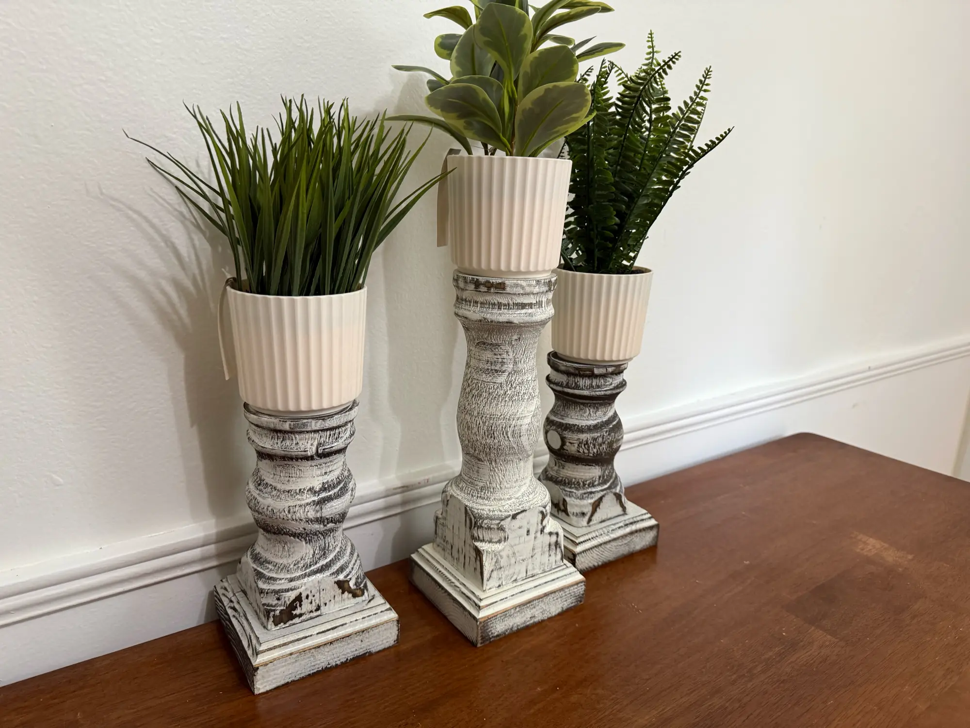 Large Wooden Candlestick Holder - White Distressed Finish Decorative Pillar Candle Holders Farmhouse Decor