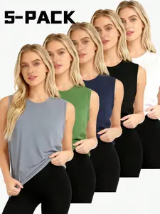 OKP 5 Pack Plus Size Women's Sleeveless Sports Vest, Loose Fit Breathable Workout Tank Tops, Moisture Wicking Yoga Tops, Casual Daily Layering Tanks For Gym, Running,Lounging