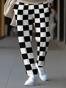 Men's Full Print Checked Pocket Long Pants, Casual Comfort Straight Leg Pants, Fall Wear, Essential Fashion Gym Sport Outdoor Pants, Casual Loose Fitted