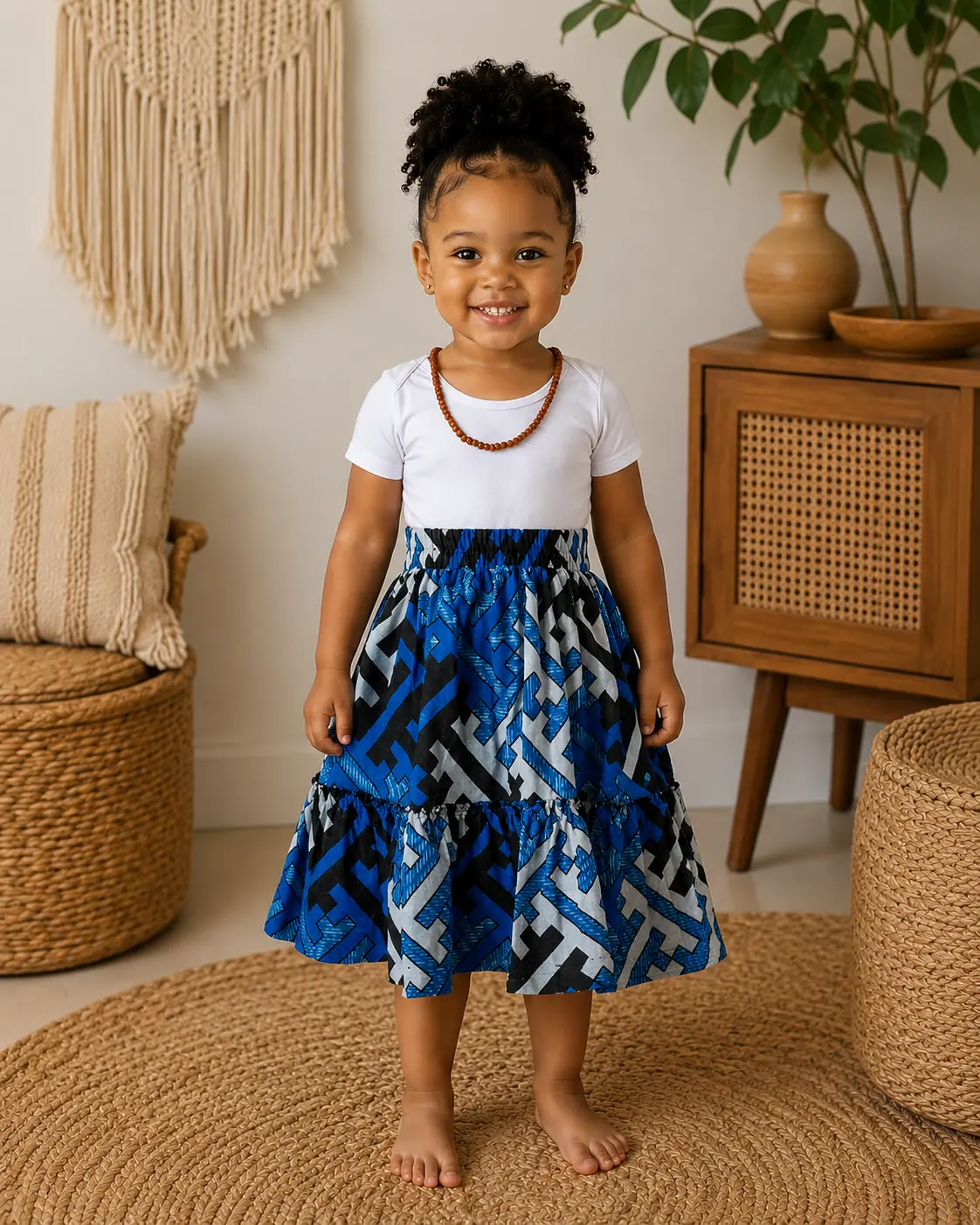 Tiered Skirt Ankara/Kitenge/African Print- Light Blue/Black Geometric Print