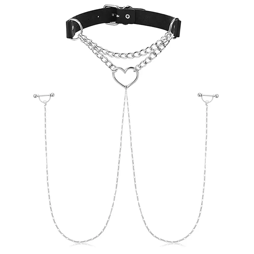 Nipple Ring with Choker Necklaces Stainless Steel Nipple Rings Chain Punk Chokers for Women