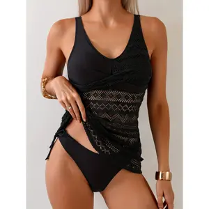 Women's Tankini Swimsuit Set Black Crochet Mesh Patchwork Twist Front Side Drawstring Adjustable Straps Tummy Control Modest Bathing Suit 2026 Trendy Flattering Beach Outfit for Vacation Pool Party Cruise Honeymoon Travel