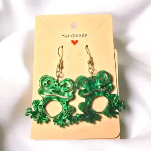 38) Green Pearlescent Frog Earrings!!