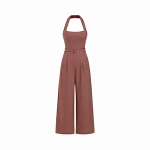 Cider Halter Neckline Houndstooth Wide Leg Jumpsuit With Belt