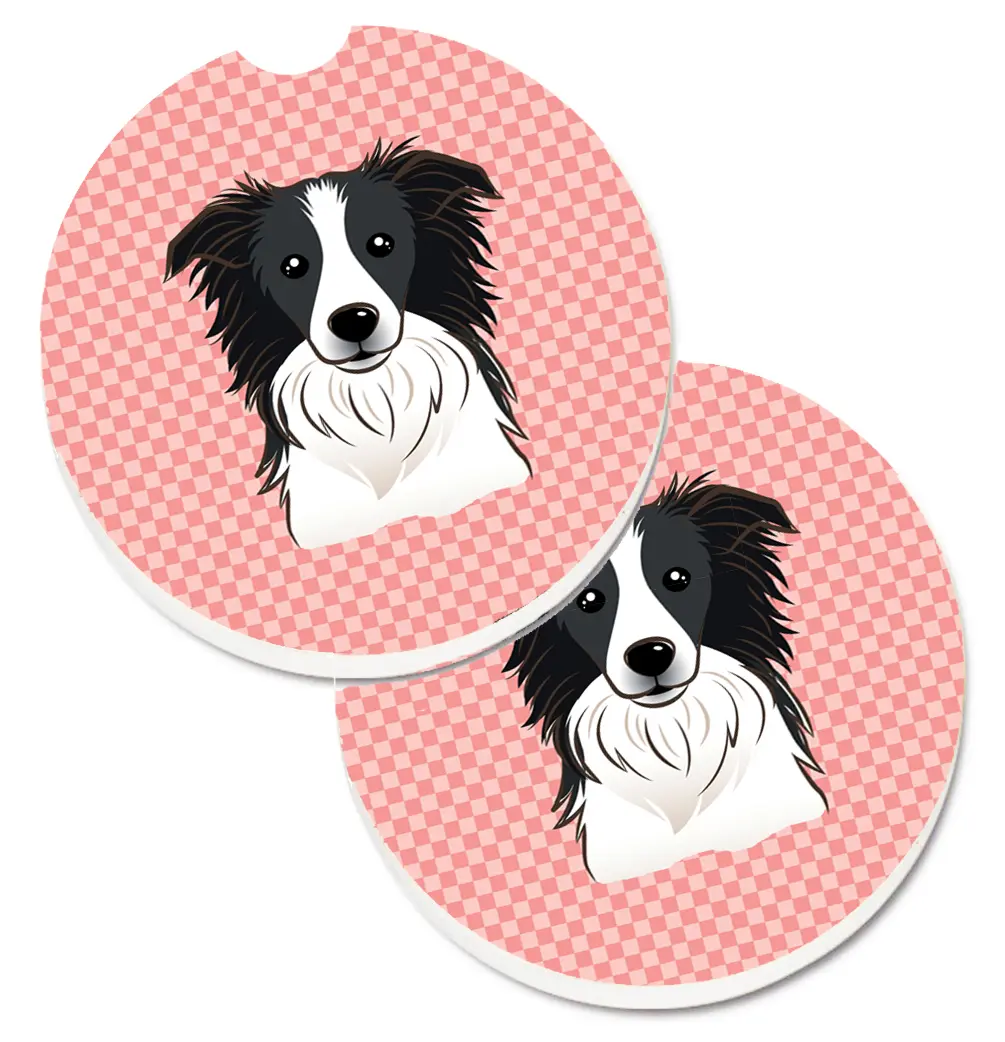 Checkerboard Pink Border Collie Car Coaster Set of 2, Checkered Water Absorbent Sandstone Anti-Slip Mat with Cut-Out Slot for Easy Removal, 2.5x2.5 in, 2.5" H x 0.25" W x 2.5" L, Prevents Water Messes