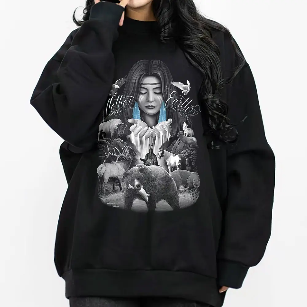 Mother Earth Native American Indian Moon Wolf Chicano Clothing, Chicana Art, Cholo Chola outfit Cotton Fabric Menswear Casual, Streetwear hoodie T-Shirt S-3XL