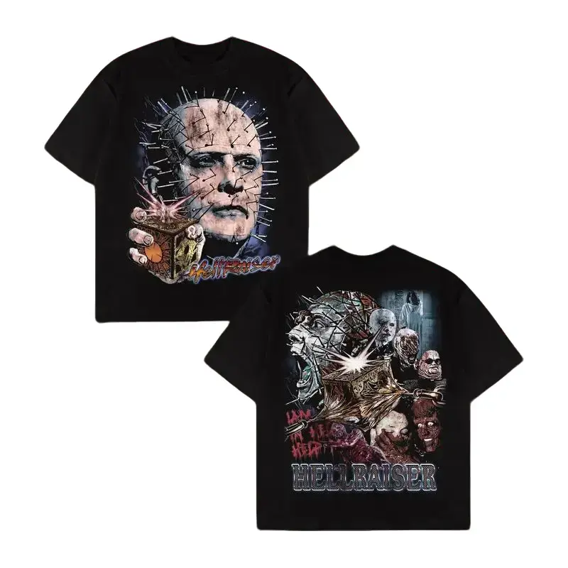 Hellraiser T-Shirt, Pinhead Horror Movie Graphic Tee, Vintage 80s Slasher Shirt, Lament Configuration Box Top, Spooky Season Gothic Streetwear, Retro Washed Cotton Loose Fit Shirt, Unisex Gift Item