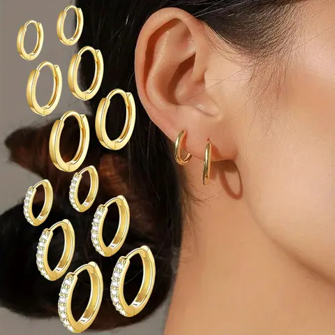 Women's 6-Pair S925 Sterling Silver Huggie Hoop Earrings Set - 8mm,10mm,12mm Sizes, 14K Gold Plated, Hypoallergenic, Waterproof, Vintage French Style Dainty Jewelry Gift for Women/Girls, Earrings Hoops