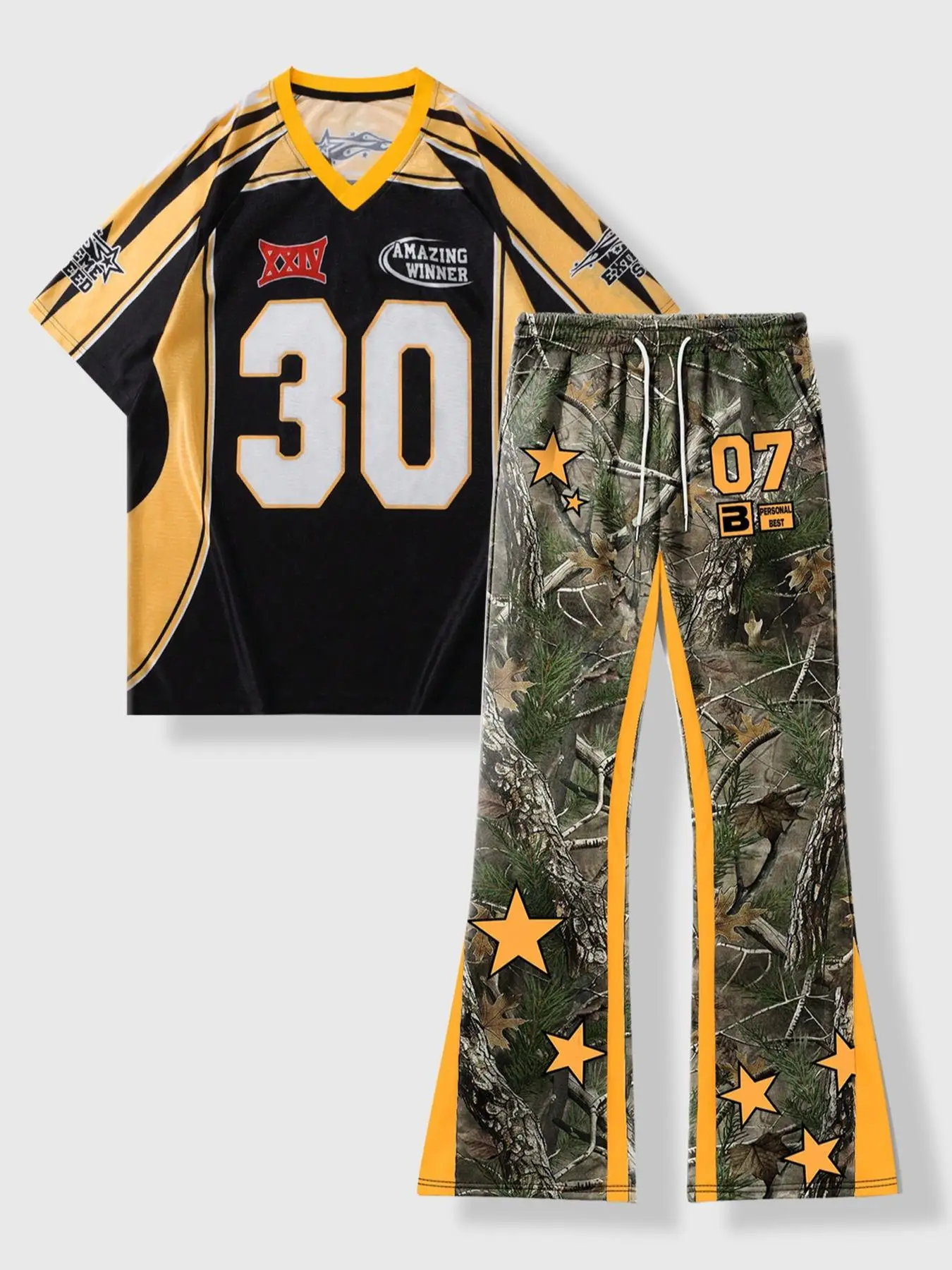 Two-piece Set Men's Colorblock Number "30" Print Raglan Sleeve Tee & Drawstring Waist Flare Leg Pants, Regular Fit Target Suit Set for Daily Outdoor W