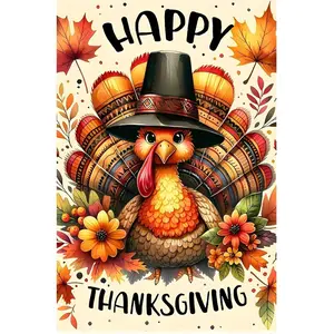 Happy Thanksgiving Turkey Garden Flag 12 x 18 inch Double Sided Polyester Outdoor Decor for Yard Lawn & Porch