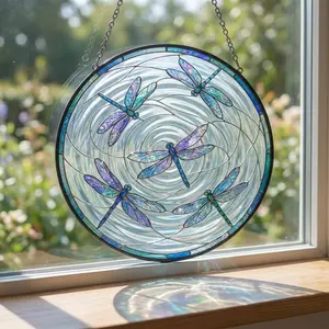 Circular window hanger with dragonfly motif, stained glass style, window decoration, gift for friends, Mother's Day, custom 3D art available.