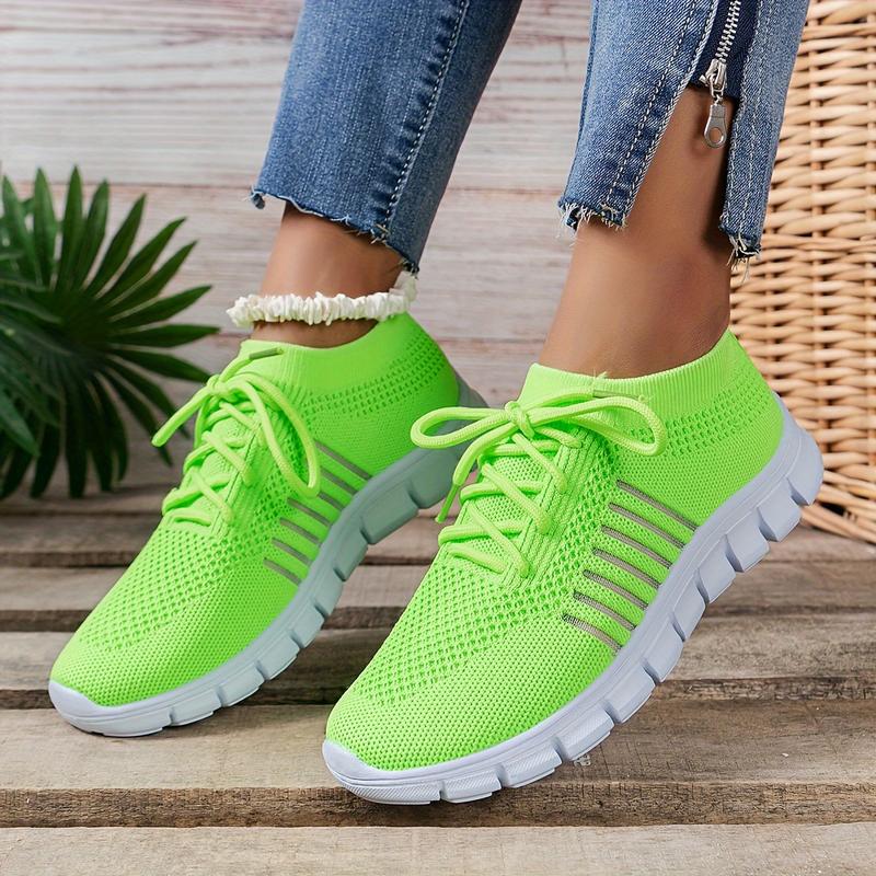 Women's Neon Green Athletic Sneakers - Breathable Mesh Fabric, Lightweight Running Shoes with EVA Sole, Lace-Up Low Top Design, All-Season Casual Footwear