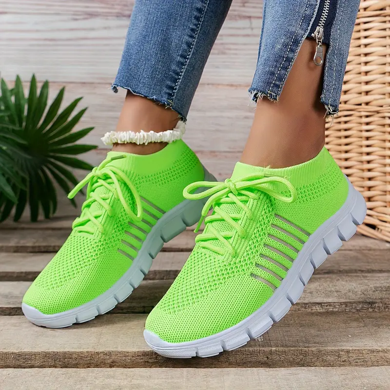 Women's Neon Green Athletic Sneakers - Breathable Mesh Fabric, Lightweight Running Shoes with EVA Sole, Lace-Up Low Top Design, All-Season Casual Footwear