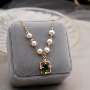 Emerald Natural Pearl Gold Lace Necklace - Rectangle|Heart Emerald Green Pendant Necklace