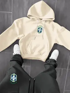 Men's Brazil Team Logo Hoodie & Jogger Set, Comfortable Fleece Lined Two-Piece Sportswear Sweatsuit with Pockets, Perfect for Sports Fans Fall Winter