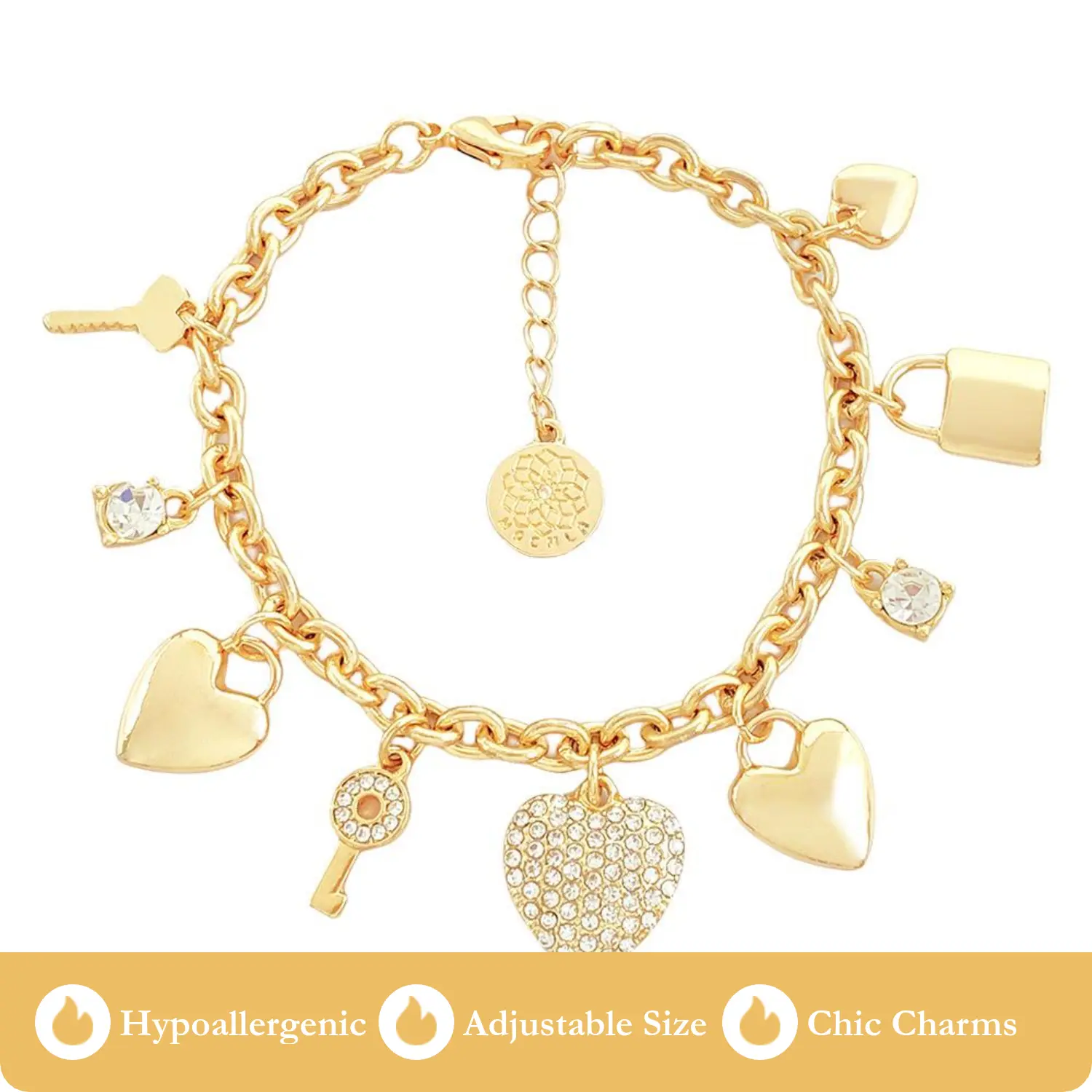 Women's Love Lock Bracelet Jewelry - Adjustable, Chic Charm, Crystal Accents, Water Diamond-Inlaid Peach Heart Design, Casual Everyday Wear Costume Bracelet for Adults, Best Friends, Birthday Gifting