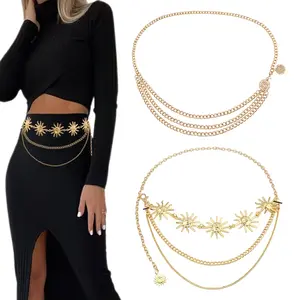 2Pcs Sun Themed Layered Waist Chains for Women, Boho Belly Body Chain Fashion Adjustable Waist Belt Jewelry, Trendy Aesthetic Summer Accessories, Sparkly Stylish Waist Ornament for Dresses, Casual Daily Outfit, Beach Party Vacation Holiday Wear for Ladies